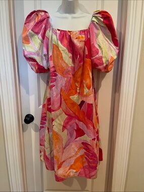 H&M PUFF SLEEVE BOLD LEAF PRINT PINK YELLOW DRESS SZ MEDIUM